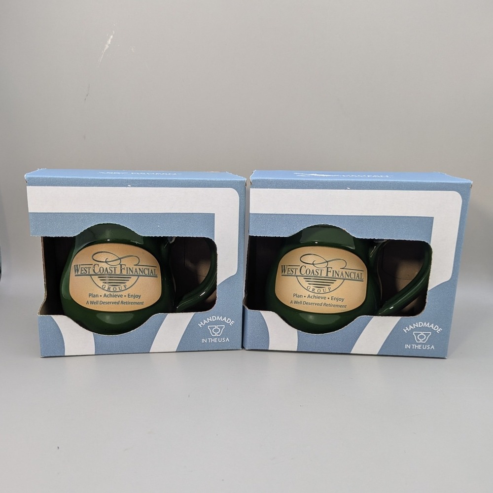 Set of 2 Deneen Pottery West Coast Financial Group Green Stoneware Mugs USA